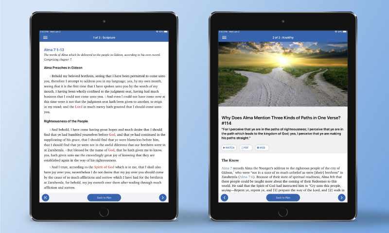 Screenshots from ScripturePlus of reading assignments such as scriptures and knowhys.